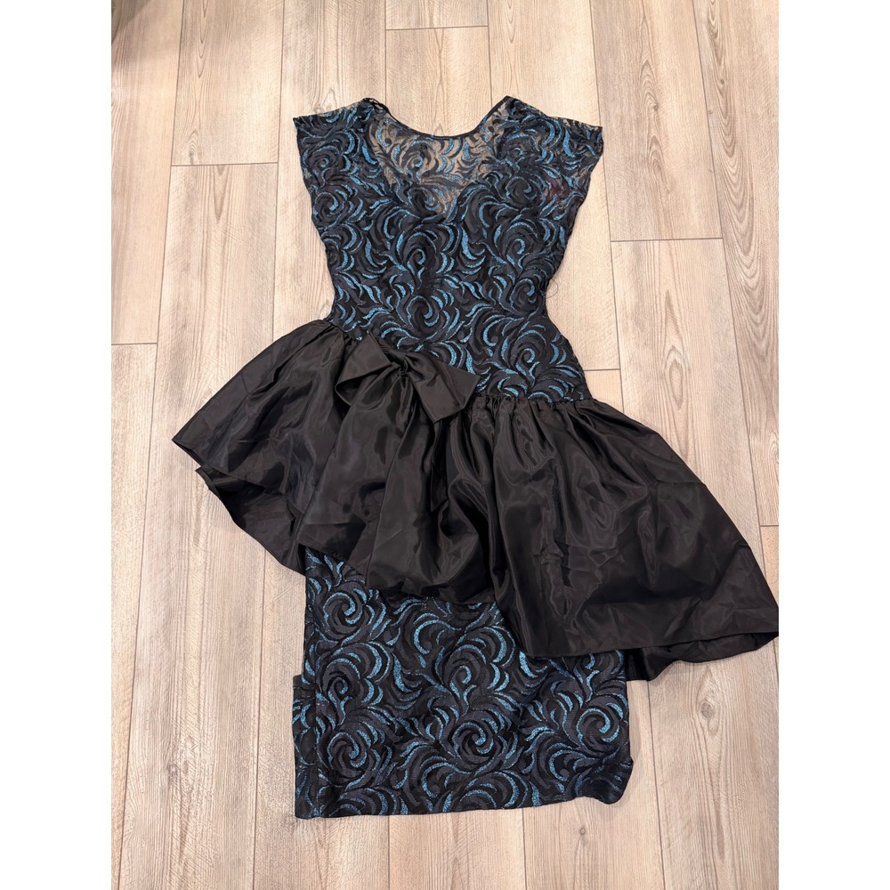Vintage TD4 by Elstra 80s Dress Blue Metallic Lace Asymmetrical Peplum Bow 9/10
